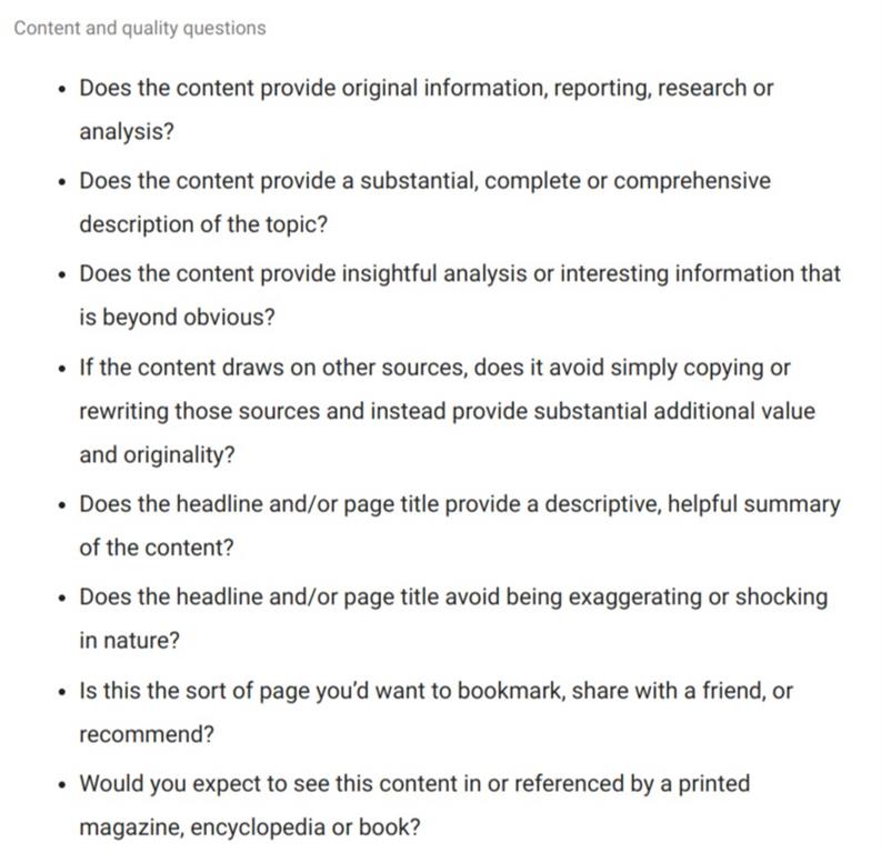 content quality questions list from Google