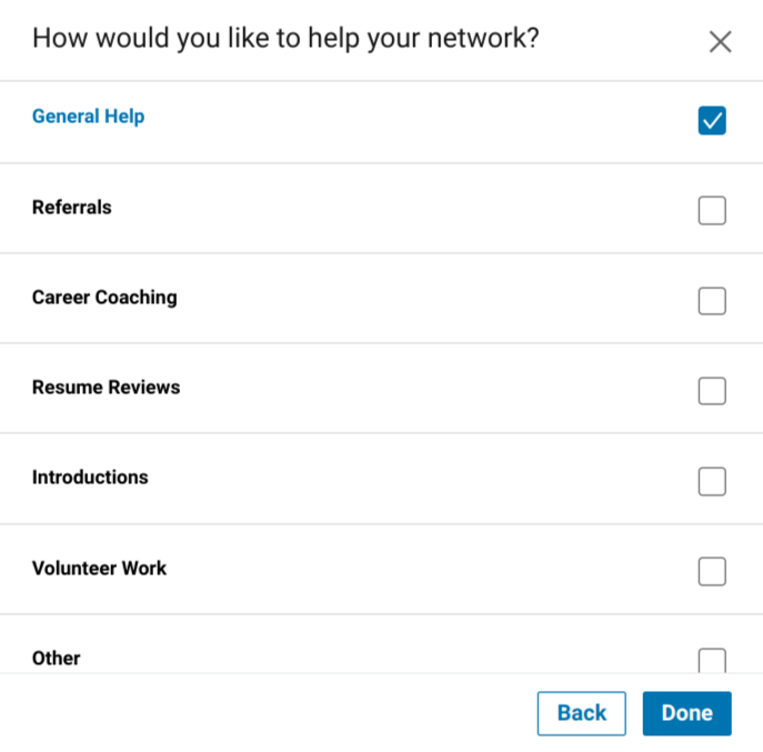 screenshot of linkedin how would you like to help your network options